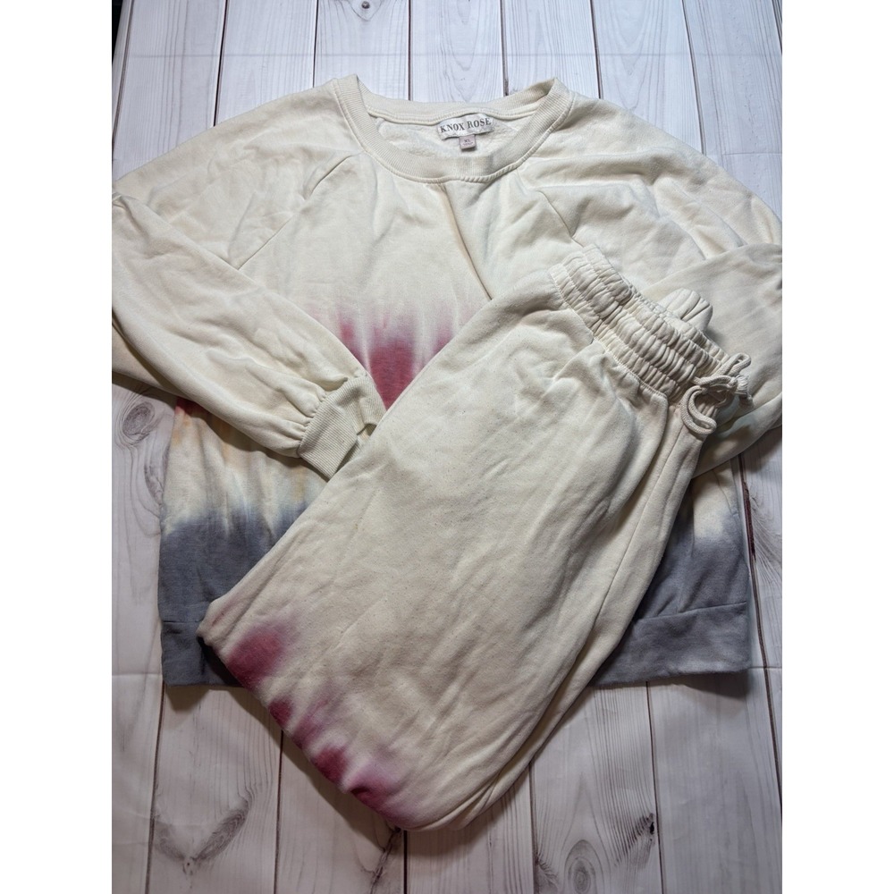Knox Rose Womens Tie Dye Sweatshirt Sweatsuit Set Large Ivory 2 Pc
